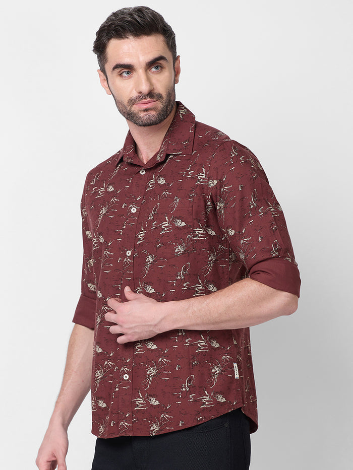 Full Sleeves Slim Fit Brown Abstract Floral Print Shirt
