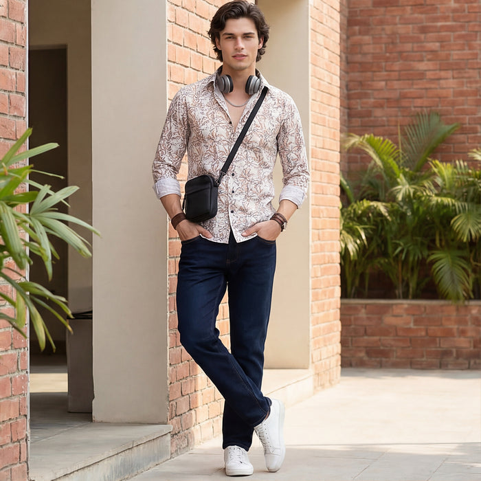 Full Sleeves Slim Fit Brown All-Over Branch Pattern Dobby Structure Print Shirt
