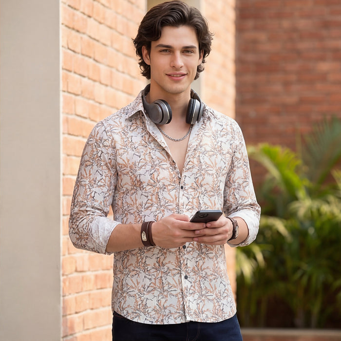 Full Sleeves Slim Fit Brown All-Over Branch Pattern Dobby Structure Print Shirt