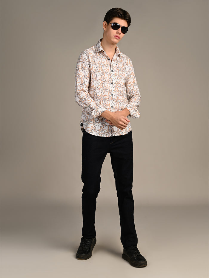 Full Sleeves Slim Fit Brown All-Over Branch Pattern Dobby Structure Print Shirt