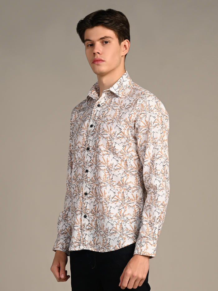 Full Sleeves Slim Fit Brown All-Over Branch Pattern Dobby Structure Print Shirt