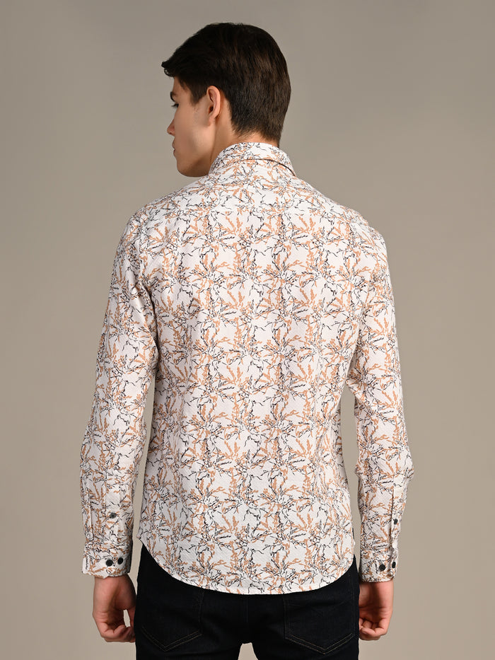 Full Sleeves Slim Fit Brown All-Over Branch Pattern Dobby Structure Print Shirt