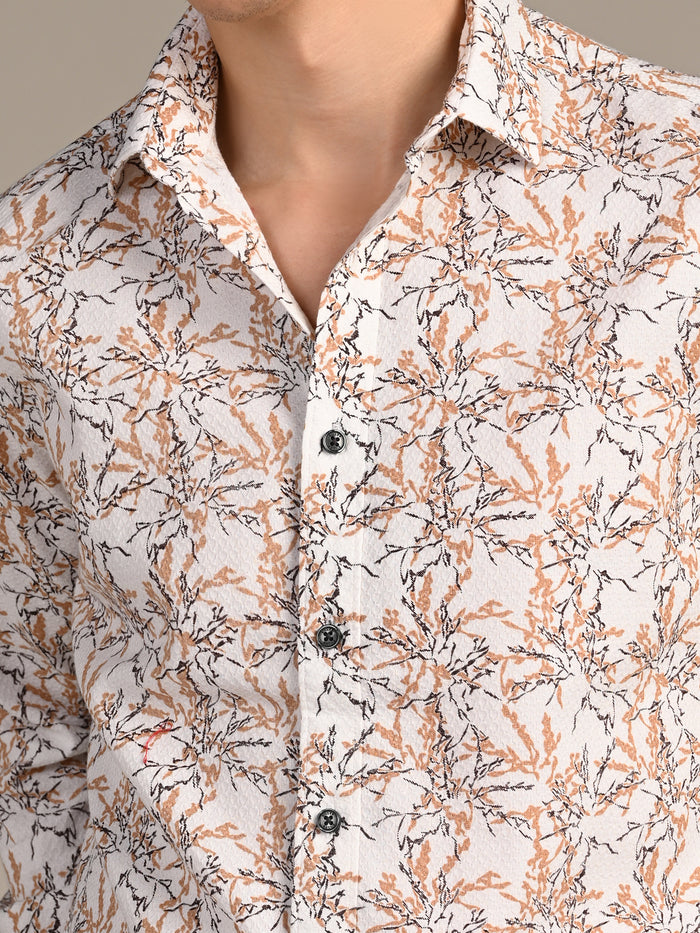 Full Sleeves Slim Fit Brown All-Over Branch Pattern Dobby Structure Print Shirt