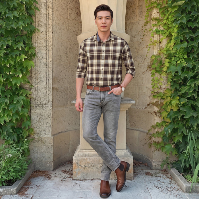 Full sleeves Slim Fit Brown Brushed Checks Shirt