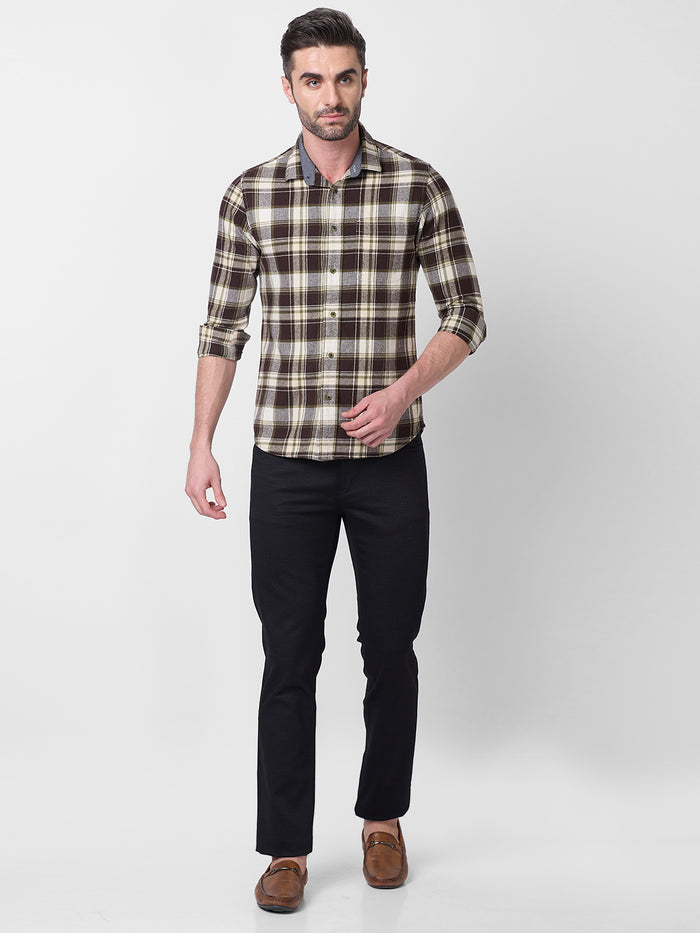 Full sleeves Slim Fit Brown Brushed Checks Shirt