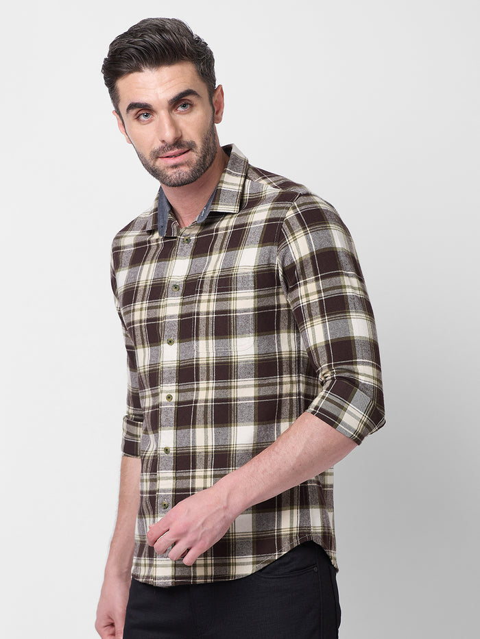 Full sleeves Slim Fit Brown Brushed Checks Shirt