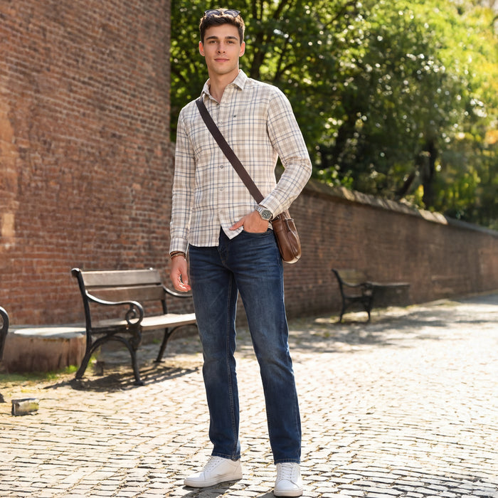 Full Sleeves Slim Fit Brown Dobby Structure Checks Shirt