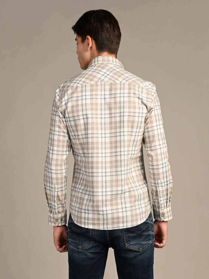 Full Sleeves Slim Fit Brown Dobby Structure Checks Shirt