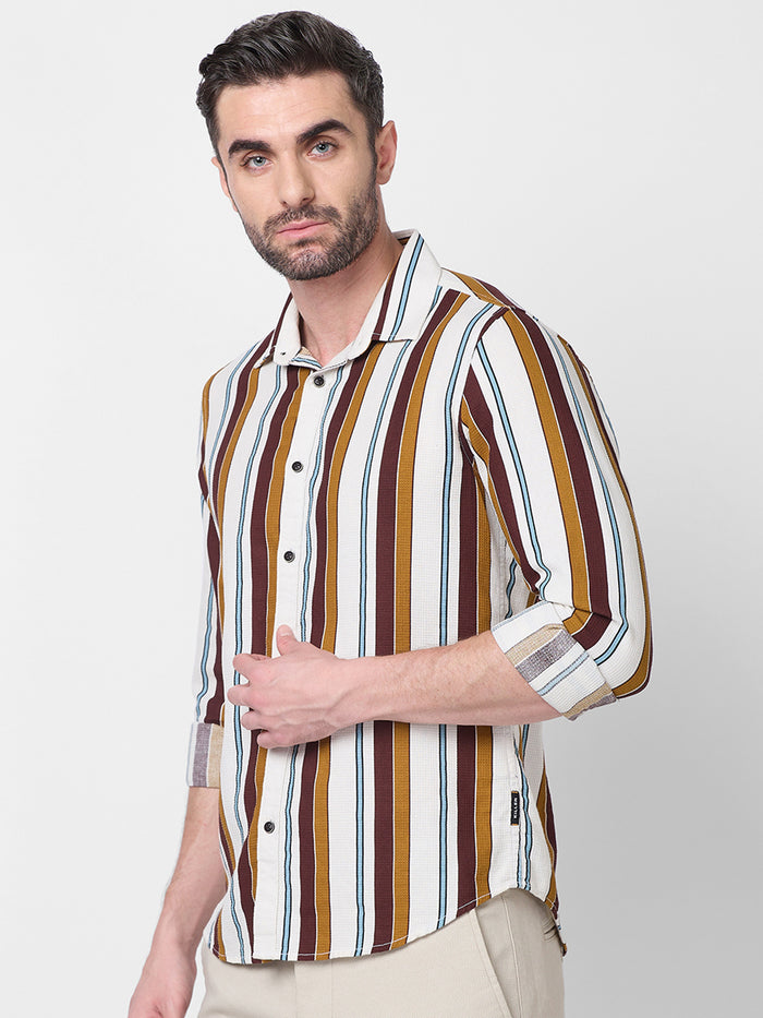 Full sleeves Slim Fit Brown Dobby Structure Striper Print Shirt