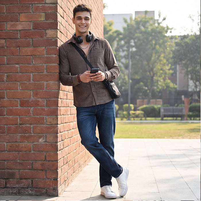 Full Sleeves Slim Fit Brown Grunge Stripe Uncut Corduroy Print Shirt