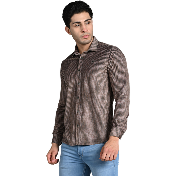 Full Sleeves Slim Fit Brown Grunge Stripe Uncut Corduroy Print Shirt