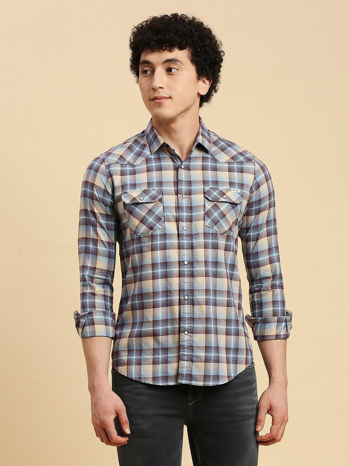 Full Sleeves Slim Fit Burgundy Checks Shirt