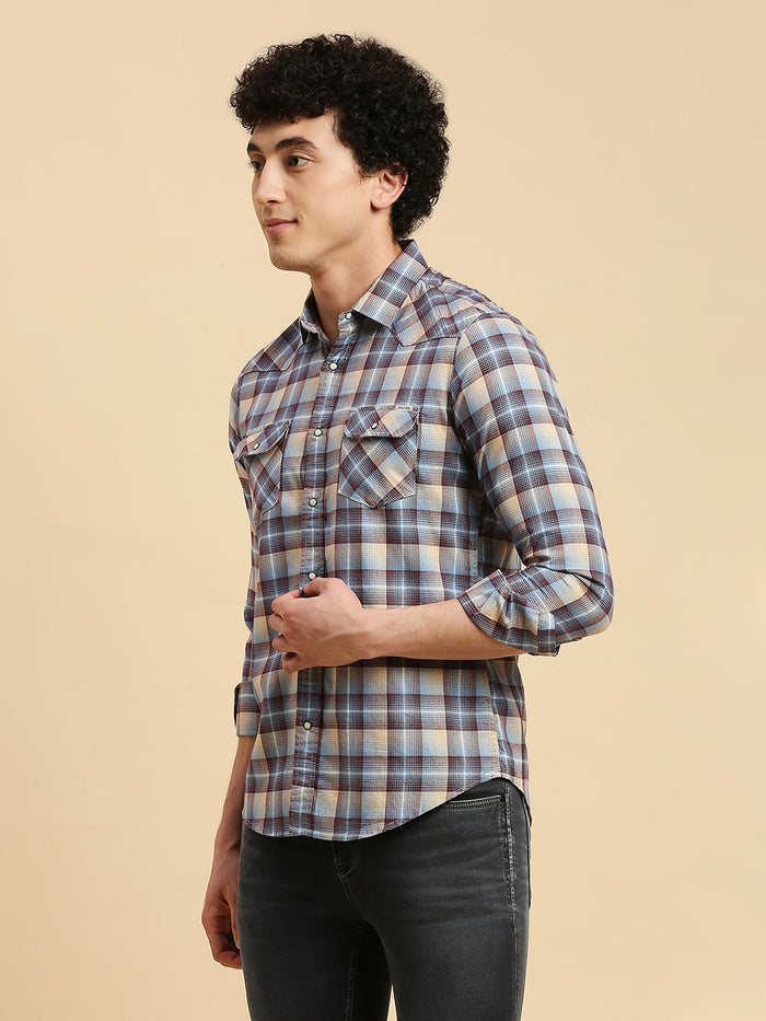 Full Sleeves Slim Fit Burgundy Checks Shirt