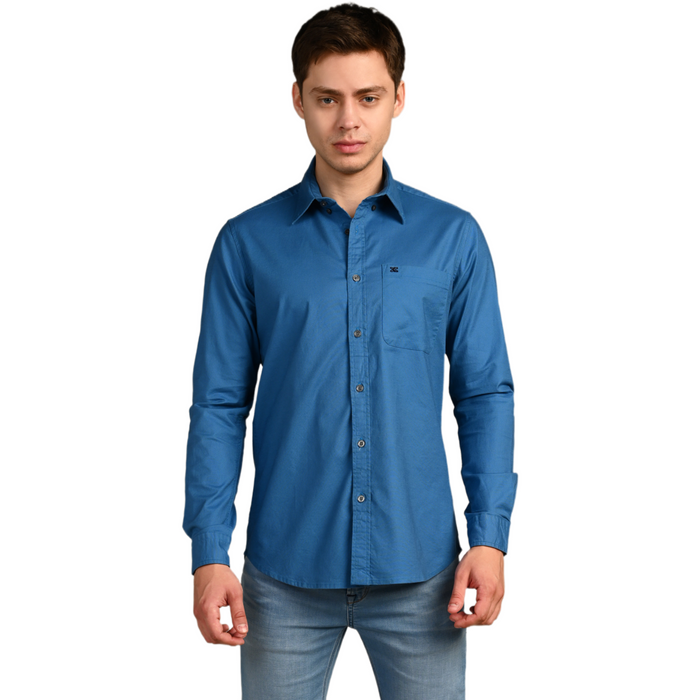 Full Sleeves Slim Fit Cobalt Blue Button-Down Oxford Solid Shirt