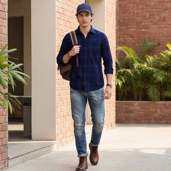 Full Sleeves Slim Fit Cobalt Blue Corduroy Checks Shirt