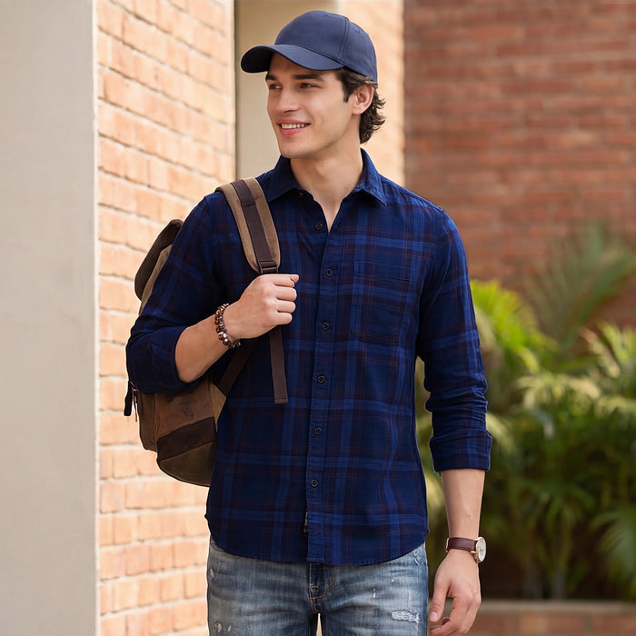 Full Sleeves Slim Fit Cobalt Blue Corduroy Checks Shirt