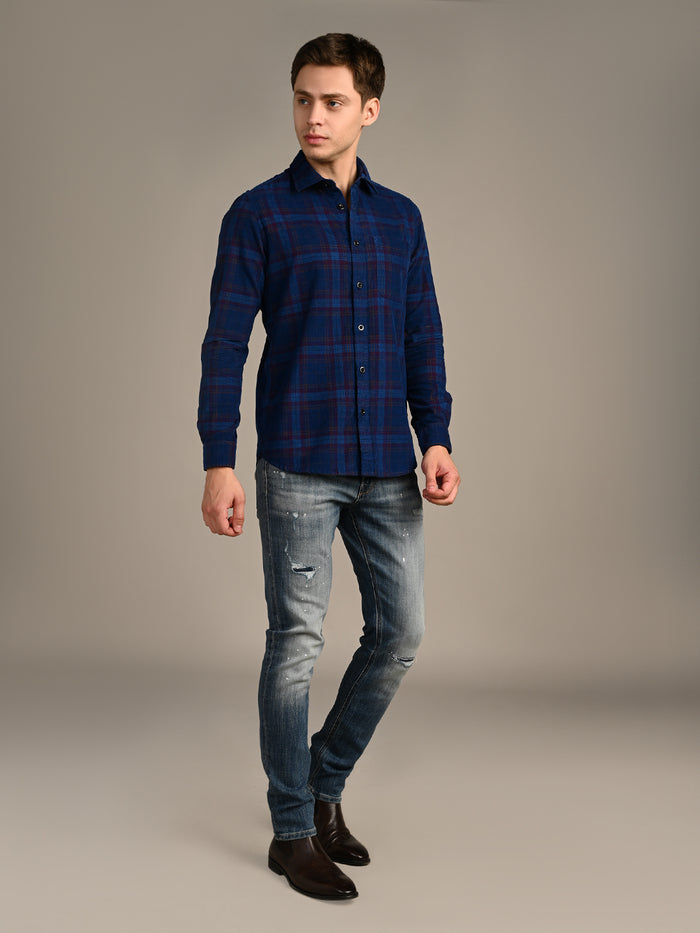 Full Sleeves Slim Fit Cobalt Blue Corduroy Checks Shirt