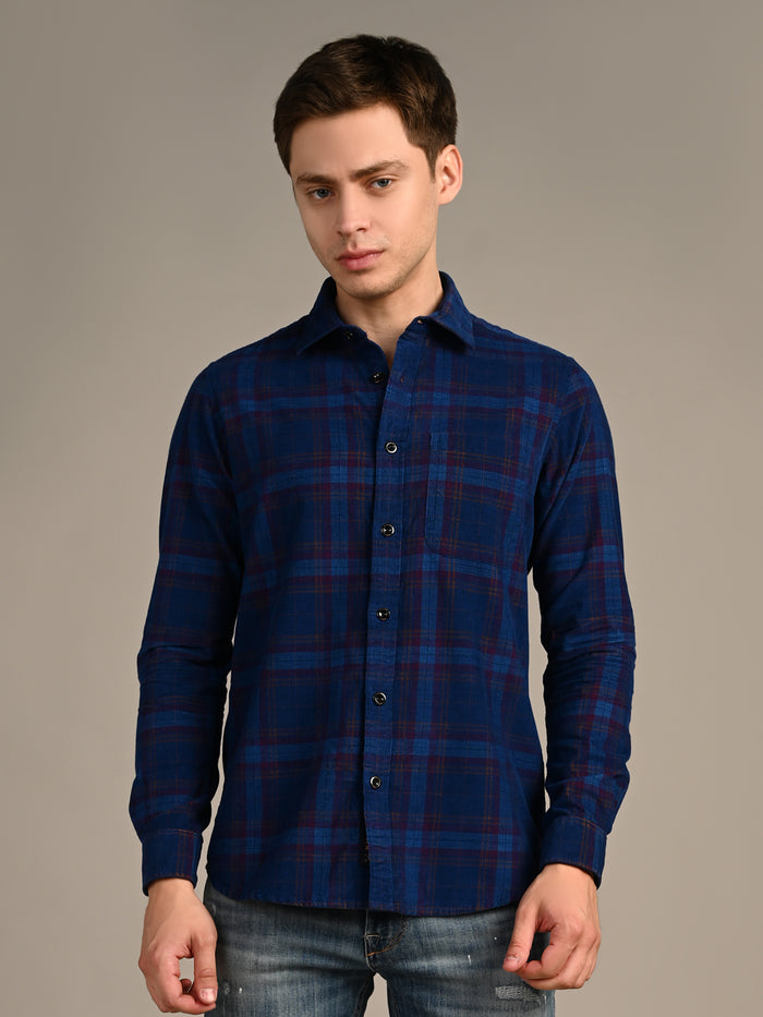 Full Sleeves Slim Fit Cobalt Blue Corduroy Checks Shirt