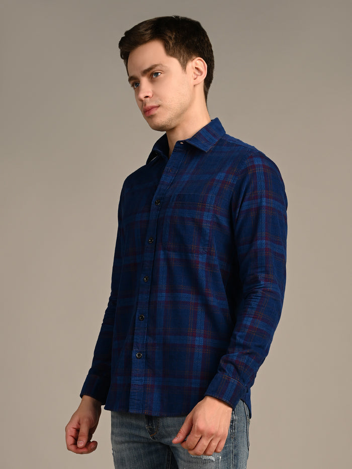 Full Sleeves Slim Fit Cobalt Blue Corduroy Checks Shirt