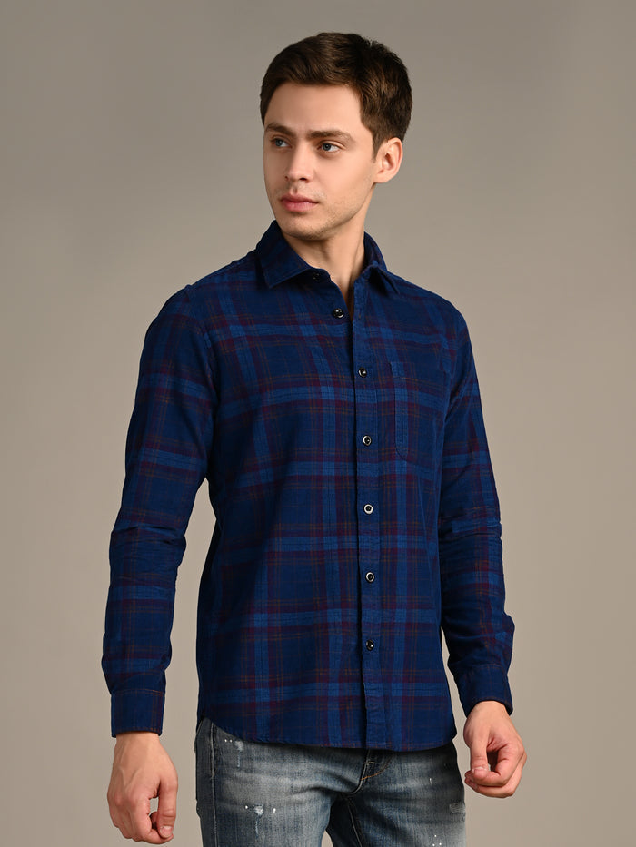 Full Sleeves Slim Fit Cobalt Blue Corduroy Checks Shirt
