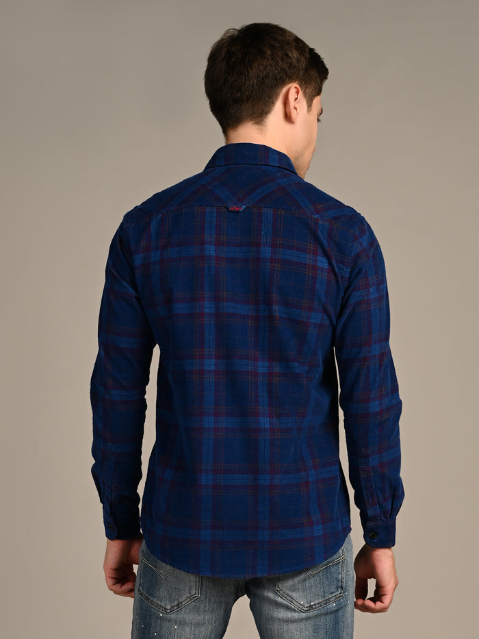 Full Sleeves Slim Fit Cobalt Blue Corduroy Checks Shirt