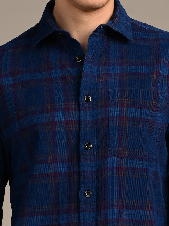 Full Sleeves Slim Fit Cobalt Blue Corduroy Checks Shirt