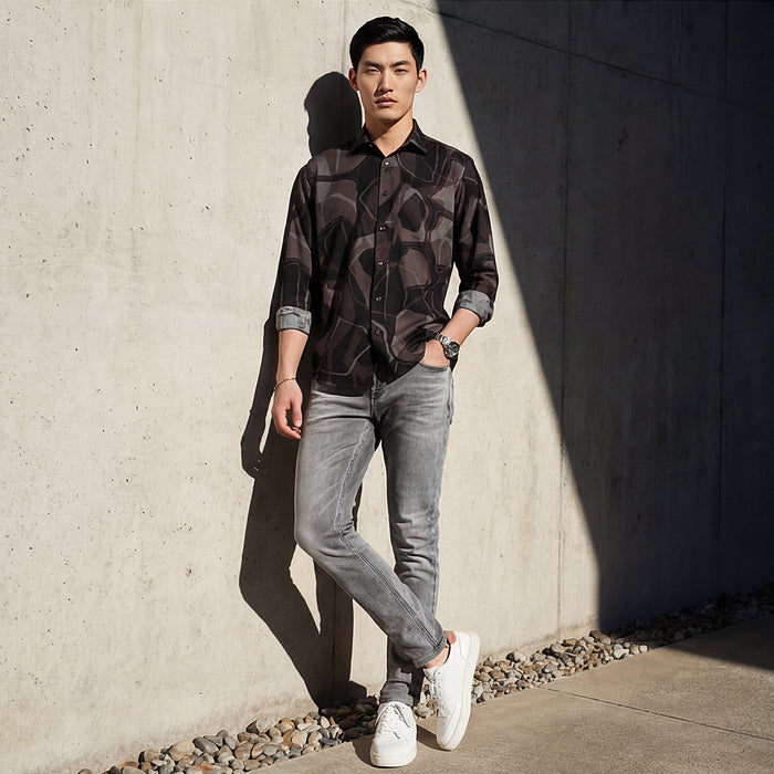 Full Sleeves Slim Fit Coffee All-Over Big Abstract Melange Print Shirt