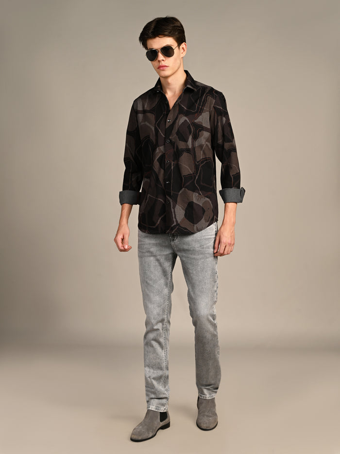 Full Sleeves Slim Fit Coffee All-Over Big Abstract Melange Print Shirt
