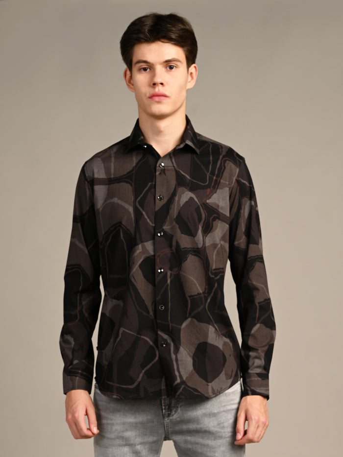 Full Sleeves Slim Fit Coffee All-Over Big Abstract Melange Print Shirt