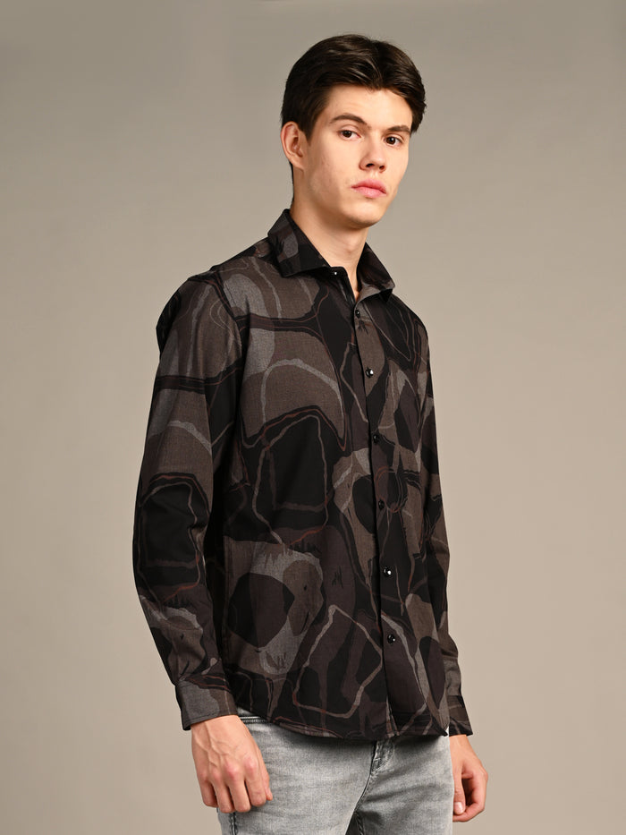 Full Sleeves Slim Fit Coffee All-Over Big Abstract Melange Print Shirt
