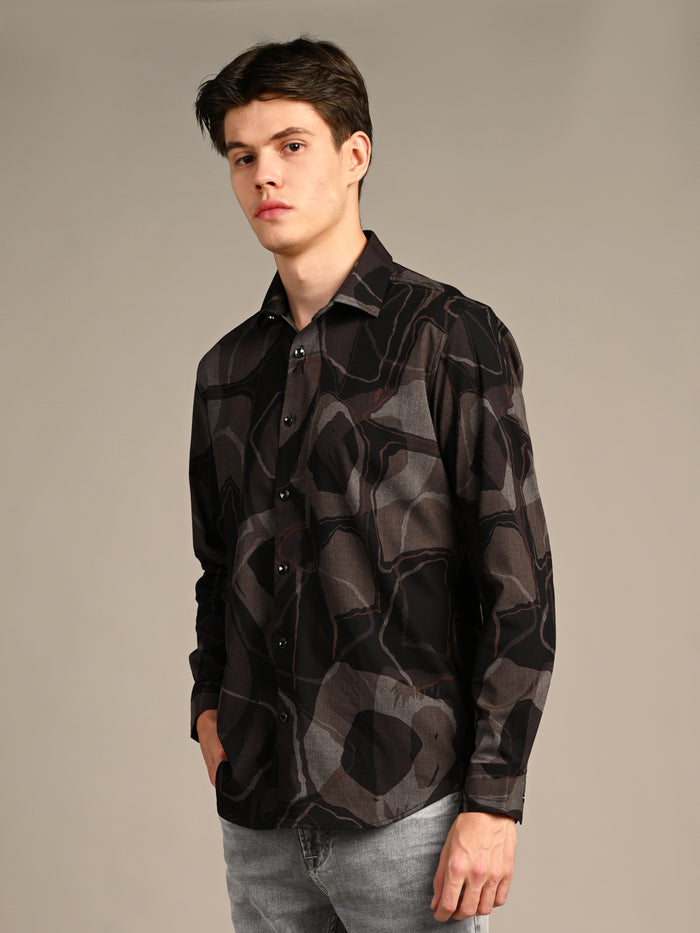 Full Sleeves Slim Fit Coffee All-Over Big Abstract Melange Print Shirt
