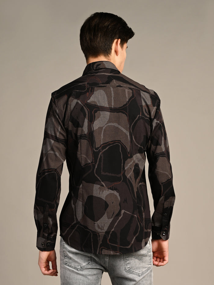 Full Sleeves Slim Fit Coffee All-Over Big Abstract Melange Print Shirt