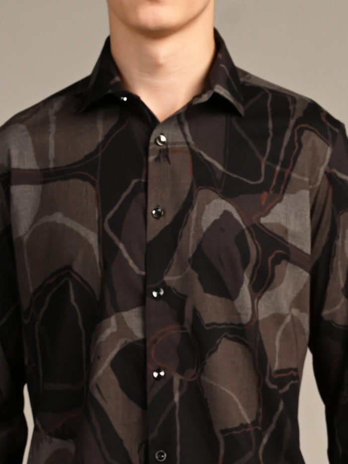 Full Sleeves Slim Fit Coffee All-Over Big Abstract Melange Print Shirt
