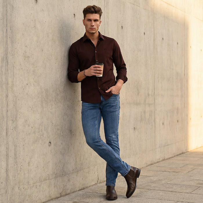 Full sleeves Slim Fit Coffee Premium Satin Solid Shirt