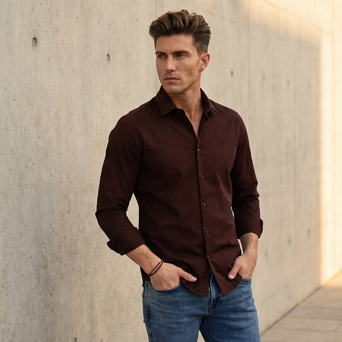 Full sleeves Slim Fit Coffee Premium Satin Solid Shirt