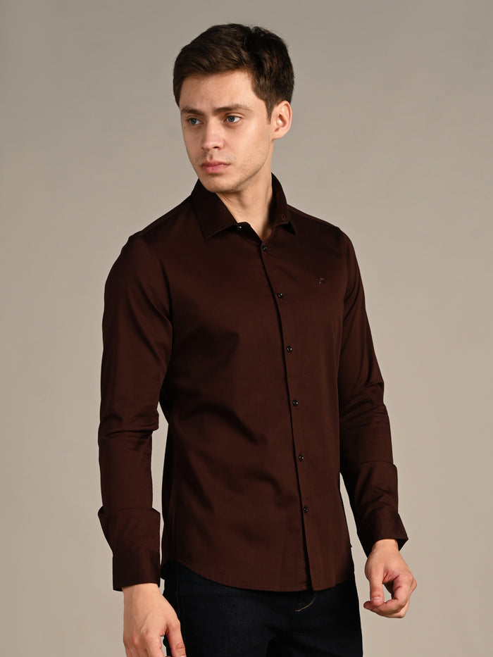 Full sleeves Slim Fit Coffee Premium Satin Solid Shirt