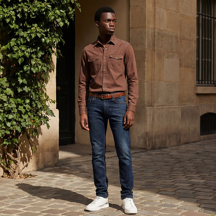 Full Sleeves Slim Fit Coffee washed Double Pocket Color Denim Solid Shirt