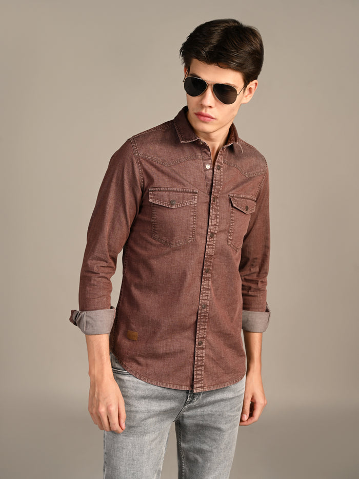 Full Sleeves Slim Fit Coffee washed Double Pocket Color Denim Solid Shirt