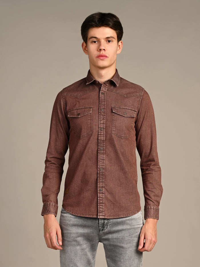 Full Sleeves Slim Fit Coffee washed Double Pocket Color Denim Solid Shirt