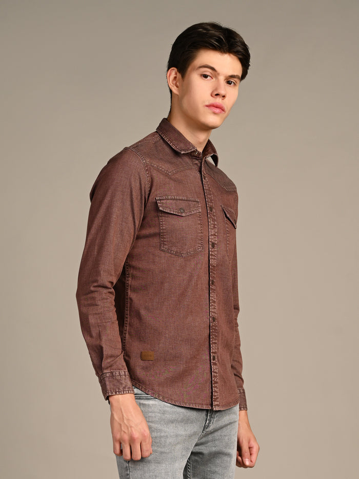 Full Sleeves Slim Fit Coffee washed Double Pocket Color Denim Solid Shirt