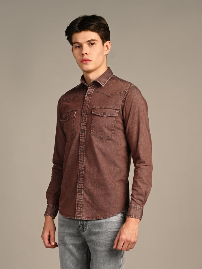 Full Sleeves Slim Fit Coffee washed Double Pocket Color Denim Solid Shirt