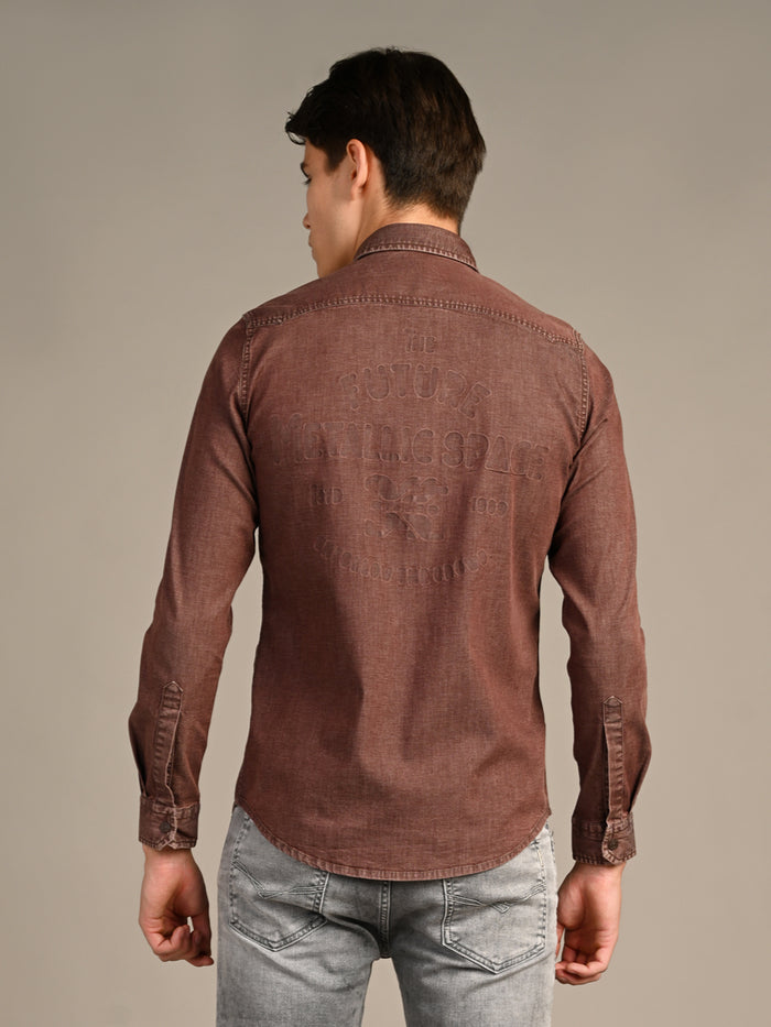 Full Sleeves Slim Fit Coffee washed Double Pocket Color Denim Solid Shirt