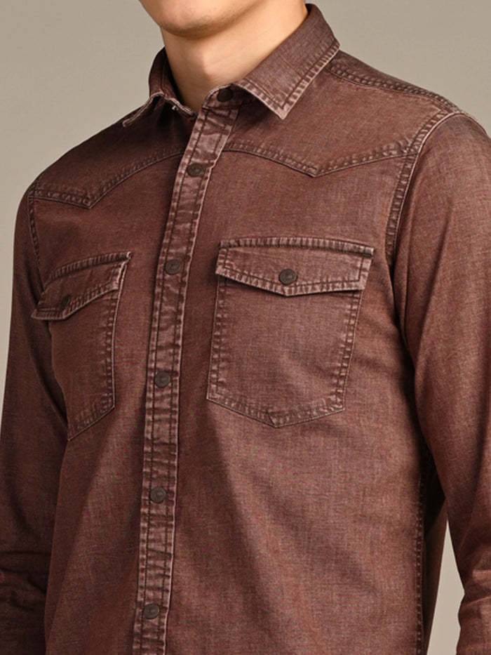 Full Sleeves Slim Fit Coffee washed Double Pocket Color Denim Solid Shirt