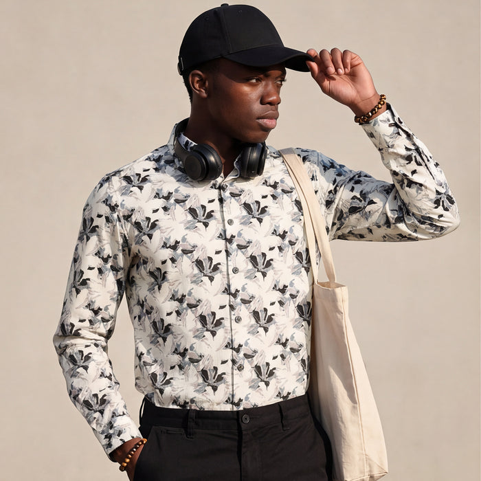 Full sleeves Slim Fit Cream All-Over Floral Dobby Textured Print Shirt