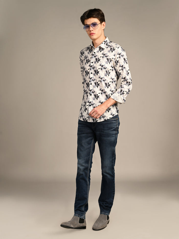 Full sleeves Slim Fit Cream All-Over Floral Dobby Textured Print Shirt