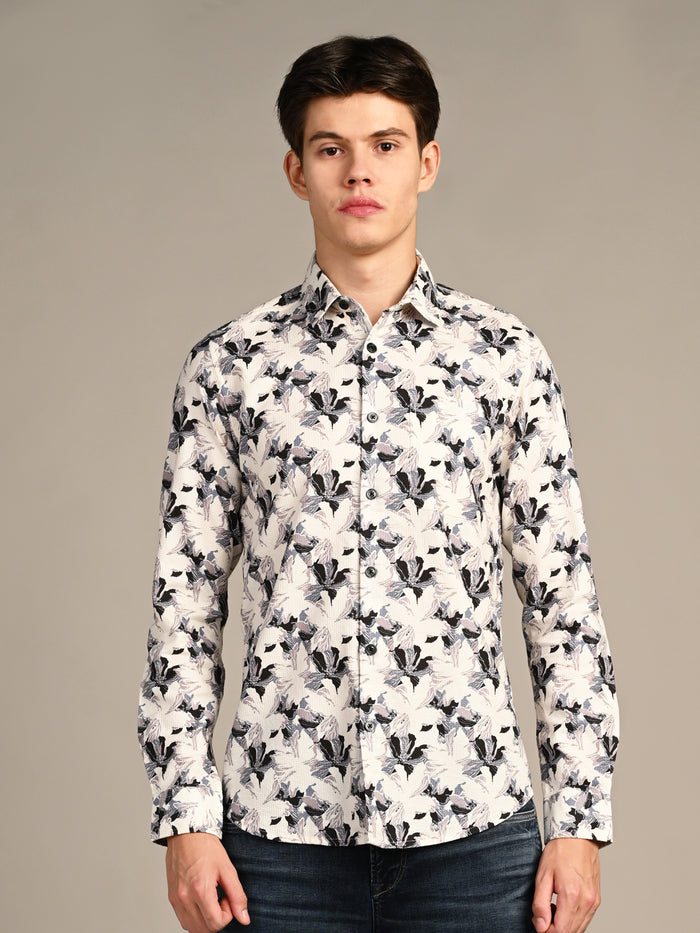 Full sleeves Slim Fit Cream All-Over Floral Dobby Textured Print Shirt