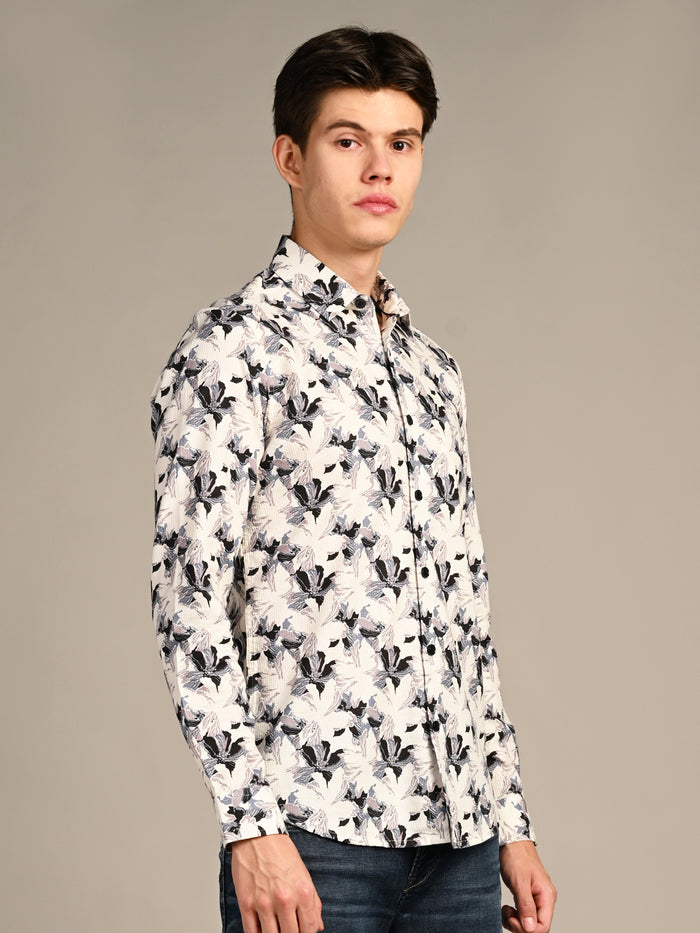 Full sleeves Slim Fit Cream All-Over Floral Dobby Textured Print Shirt