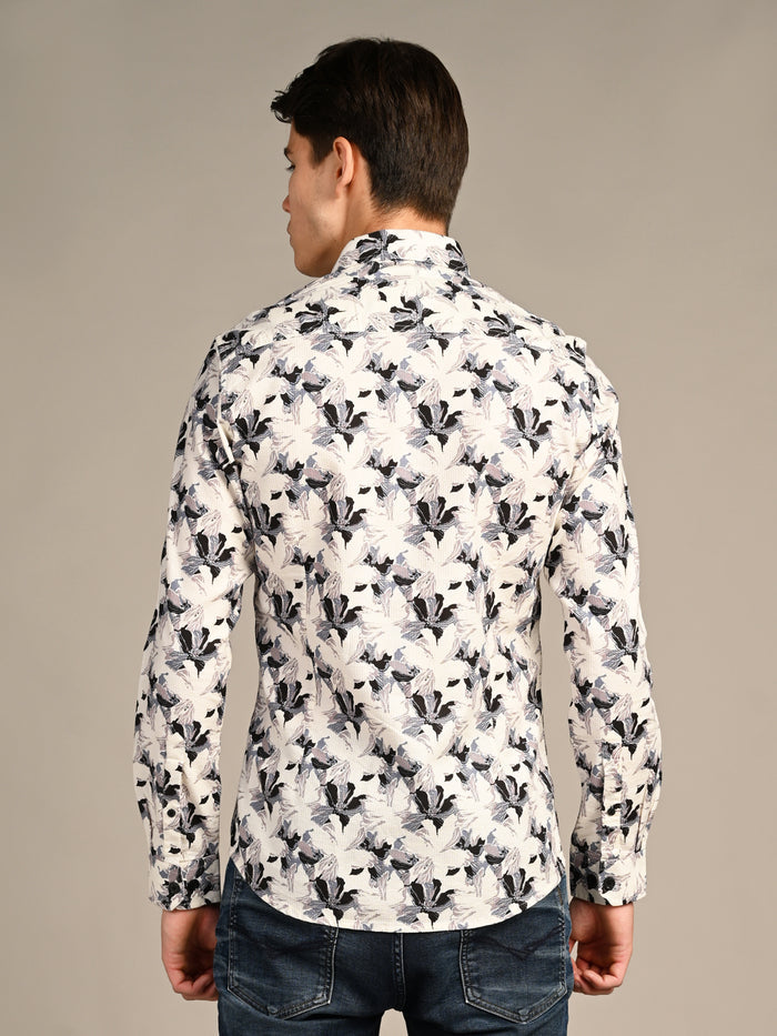 Full sleeves Slim Fit Cream All-Over Floral Dobby Textured Print Shirt