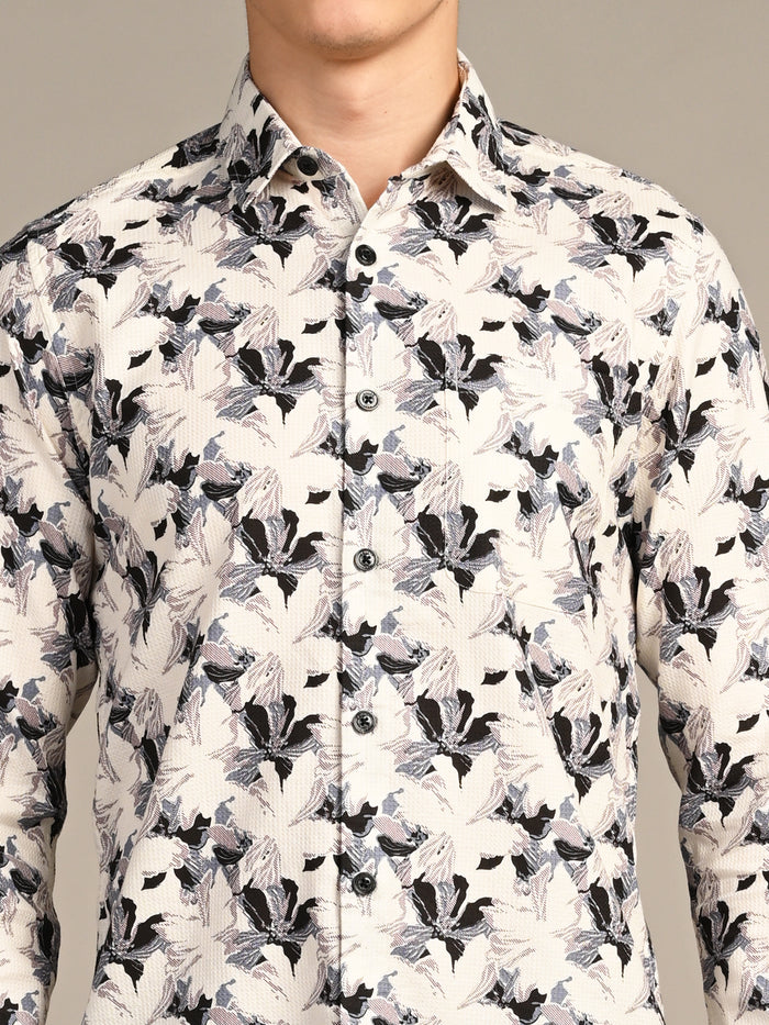 Full sleeves Slim Fit Cream All-Over Floral Dobby Textured Print Shirt
