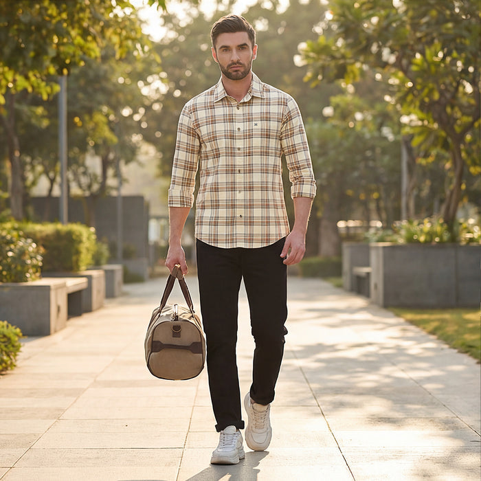 Full Sleeves Slim Fit Cream Oxford Checks Shirt